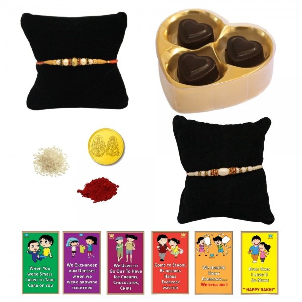 BOGATCHI 3Heart Chocolate 2 Rakhi Gold Coin Roli Chawal and Rakhi Story Card | Unique Rakhi Gifts for Sister | Rakhi with Chocolate Online 